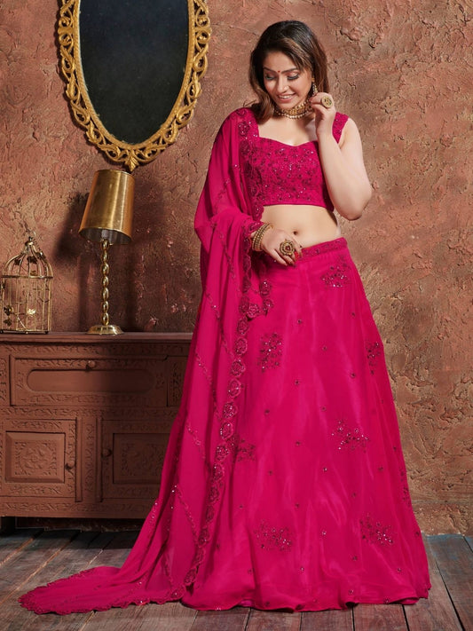 Odette Pink Georgette Embroidered Semi Stitched Lehenga With Blouse For Women