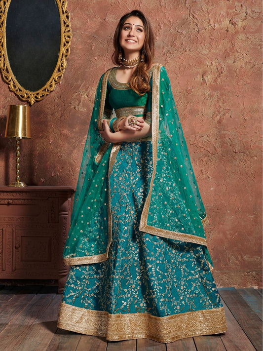 Odette Blue Art Silk Embroidered Semi Stitched Lehenga With Blouse For Women