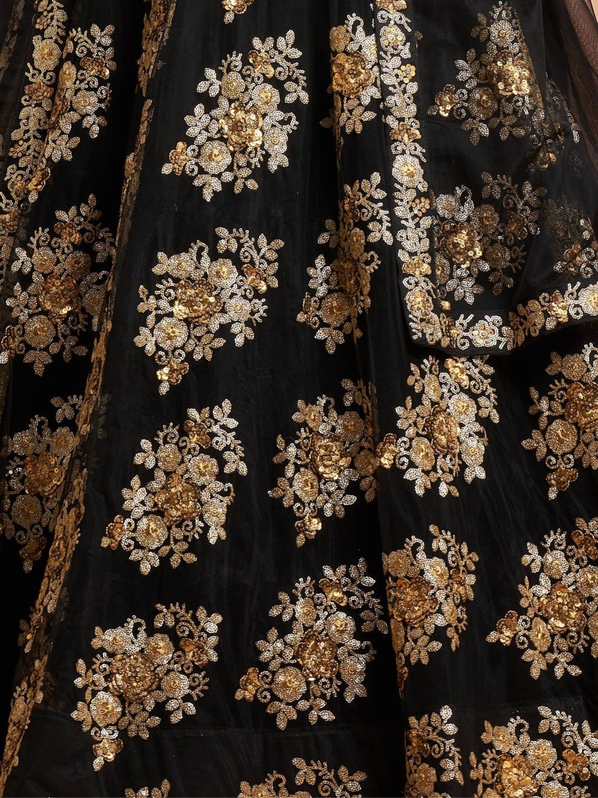 Odette Black And Gold Soft Net Embroidered Semi Stitched Lehenga With Blouse For Women