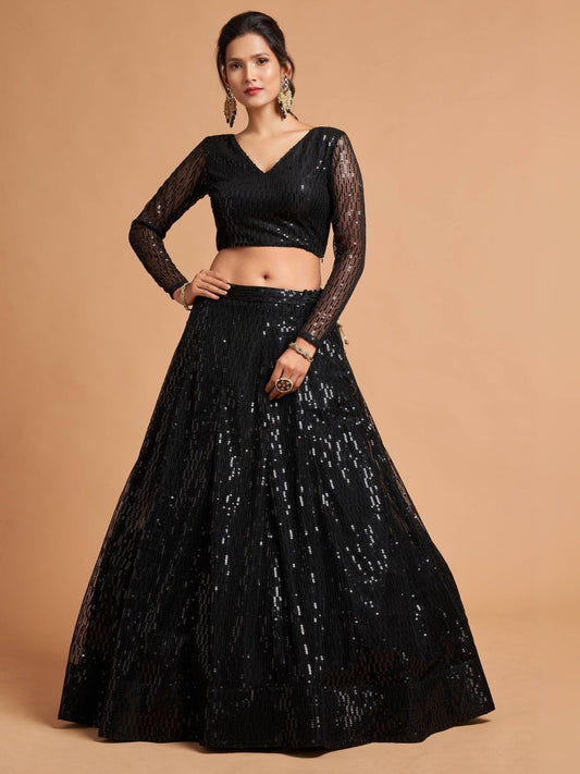 Odette Black Soft Net Seqin Semi Stitched Lehenga With Blouse For Women