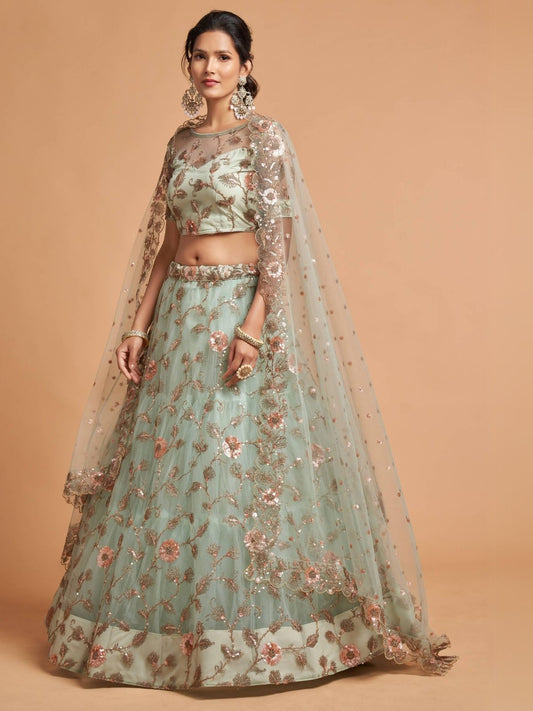Odette Sea Green Soft Net Embroidered Semi Stitched Lehenga With Blouse For Women