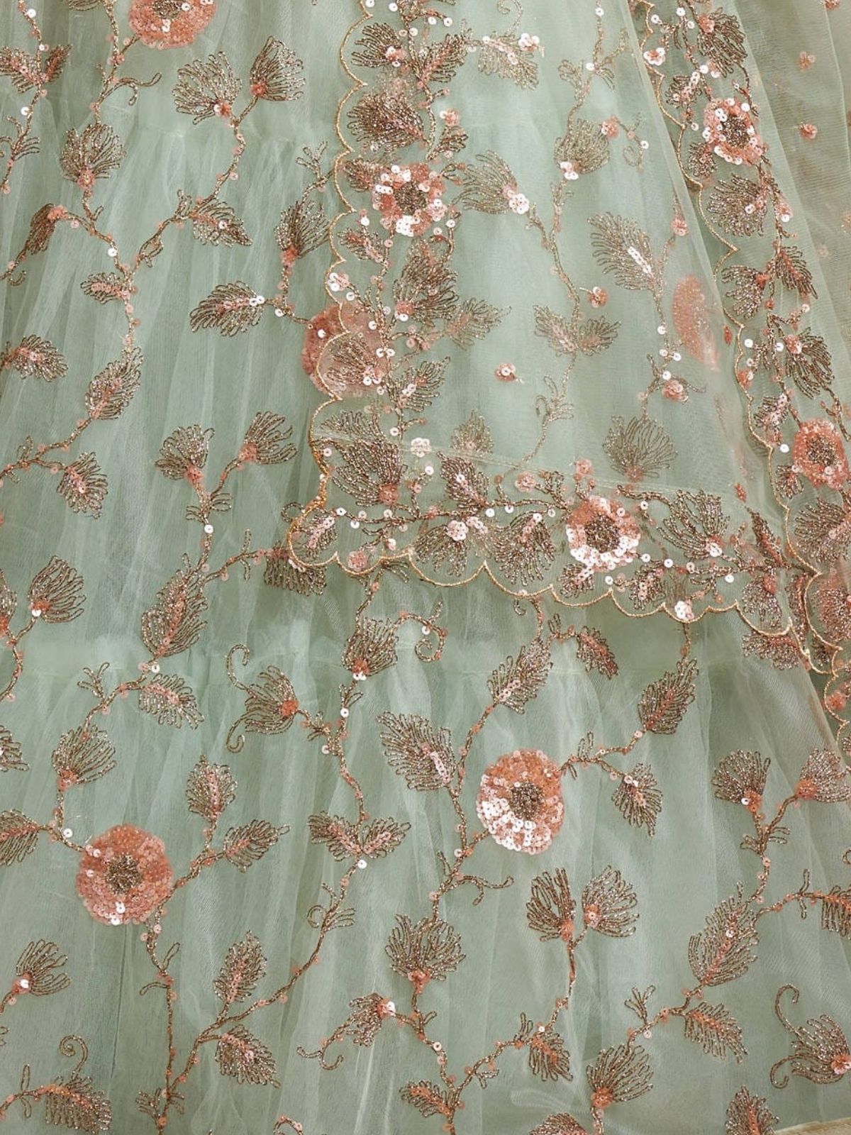 Odette Sea Green Soft Net Embroidered Semi Stitched Lehenga With Blouse For Women