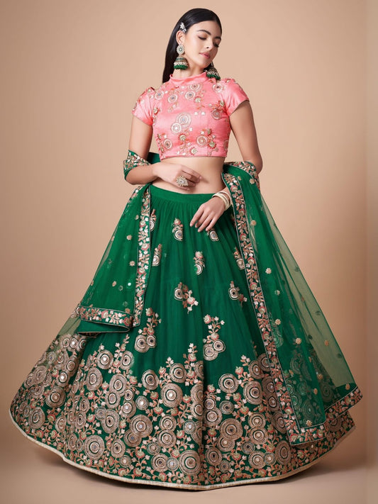 Odette Green Soft Net Embroidered Semi Stitched Lehenga With Blouse For Women