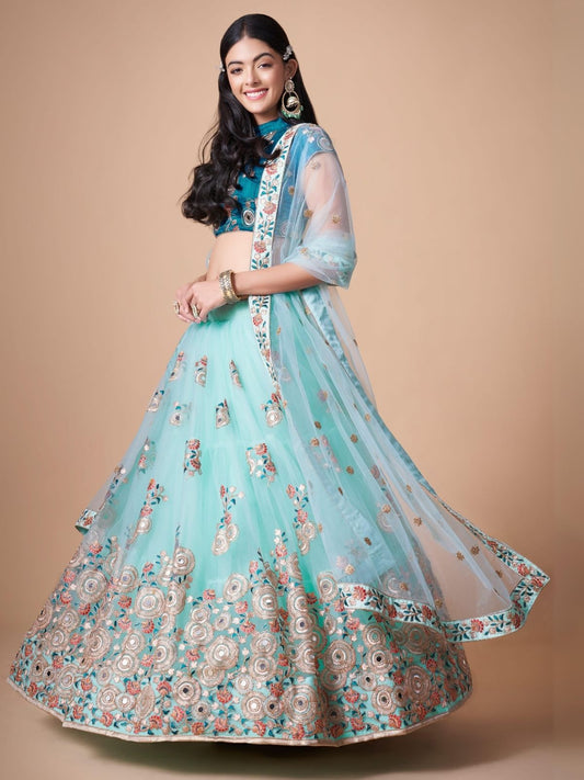 Odette Light Blue Soft Net Embroidered Semi Stitched Lehenga With Blouse For Women