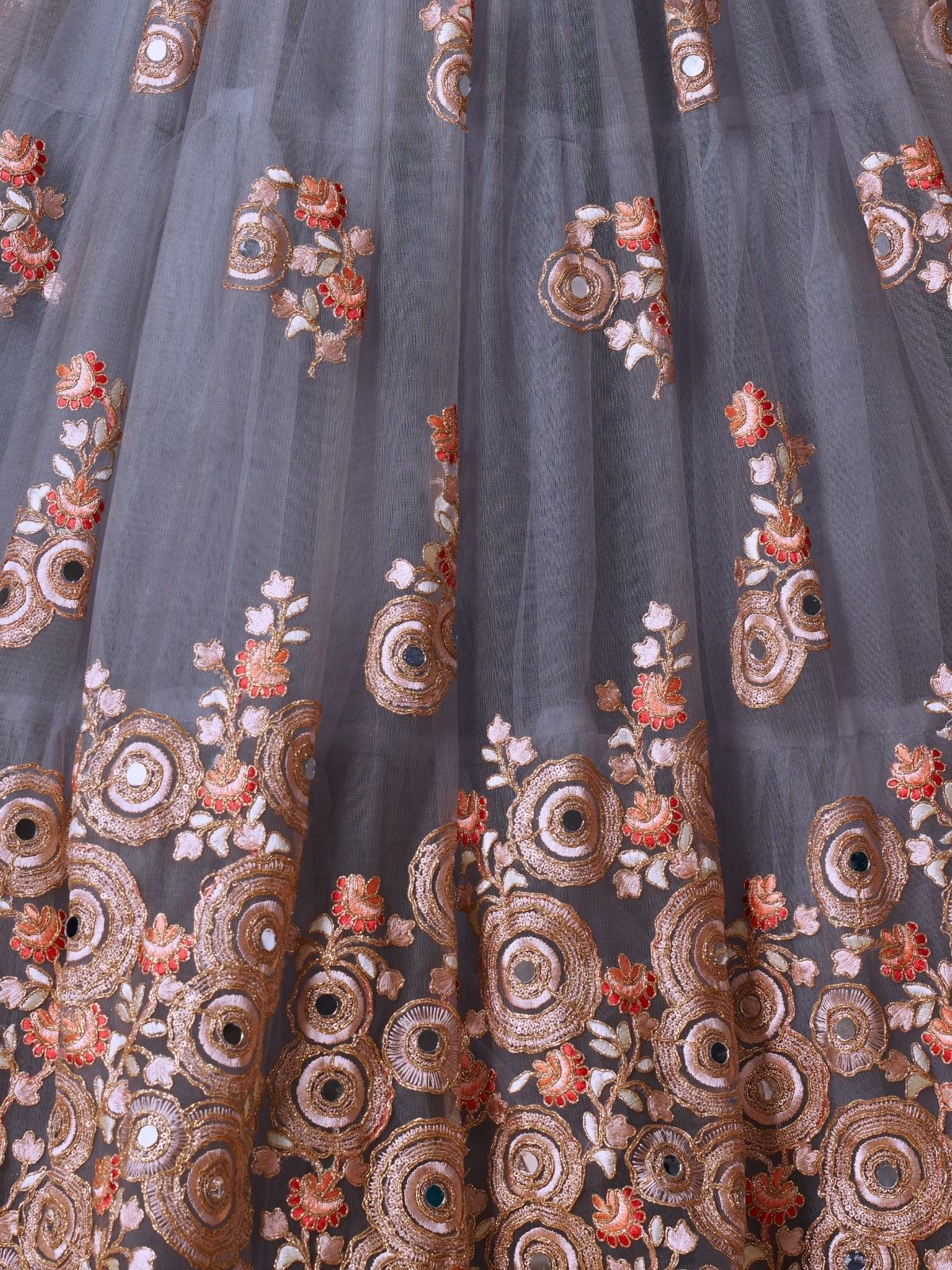 Odette Grey Soft Net Embroidered Semi Stitched Lehenga With Blouse For Women