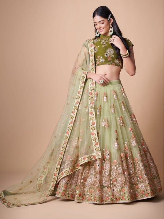 Odette Green Soft Net Embroidered Semi Stitched Lehenga With Blouse For Women