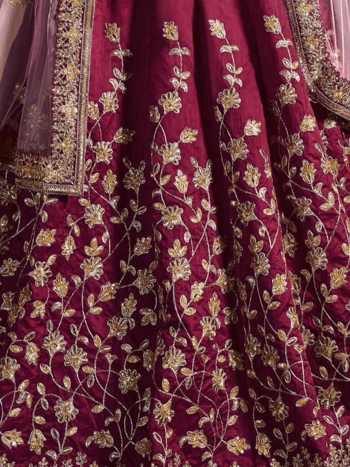 Odette Maroon Silk Blend Embroidered Semi Stitched Lehenga With Blouse For Women