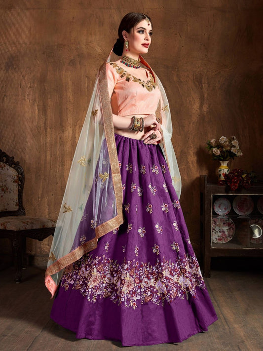 Odette Purple Silk Blend Embroidered Semi Stitched Lehenga With Blouse For Women