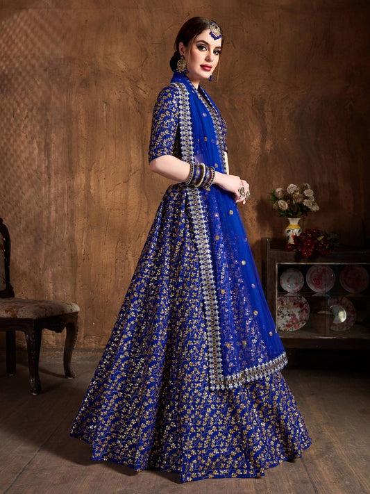 Odette Blue Silk Blend Embroidered Semi Stitched Lehenga With Blouse For Women