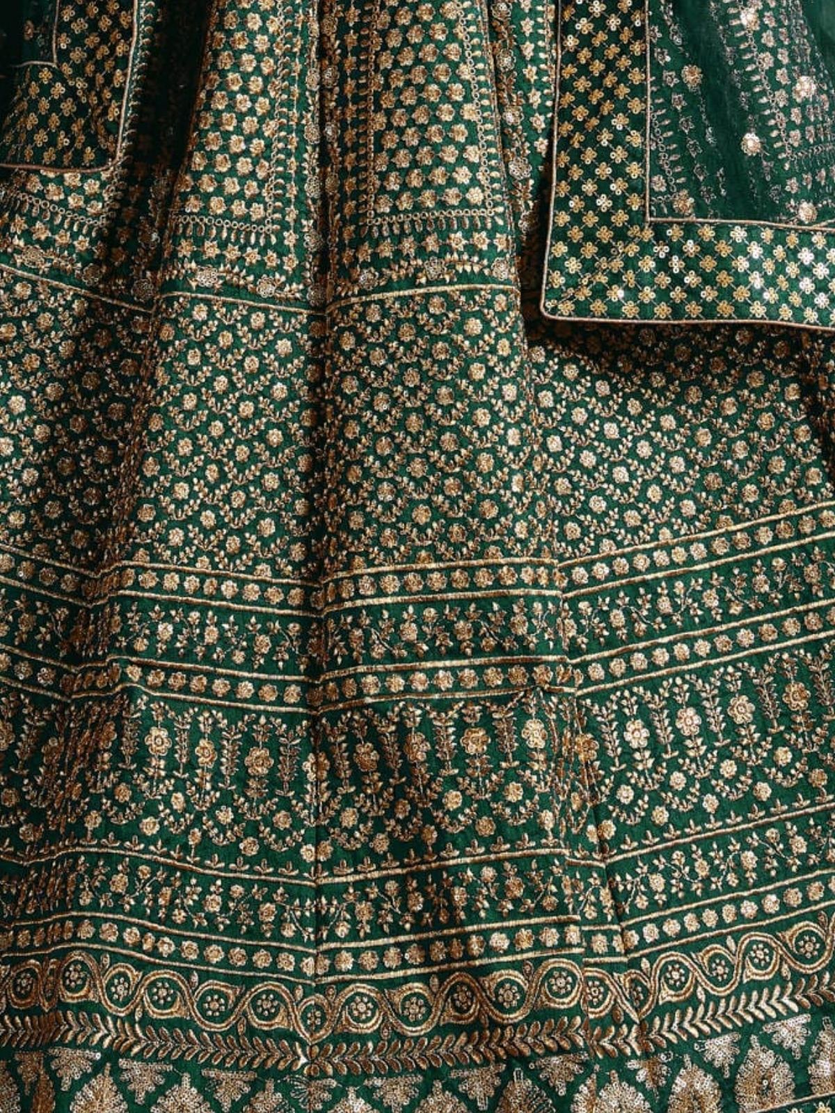 Odette Green And Gold Silk Blend Embroidered Semi Stitched Lehenga With Blouse For Women