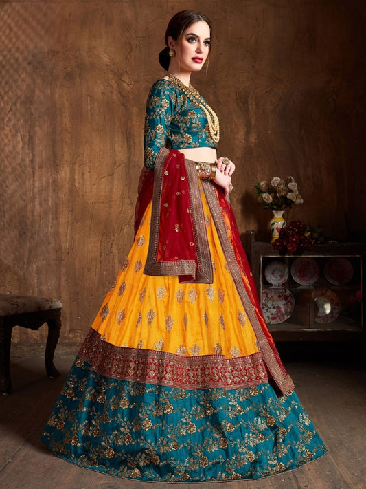 Odette Multicolor Banarasi Silk Embroidered Semi Stitched Lehenga With Blouse For Women