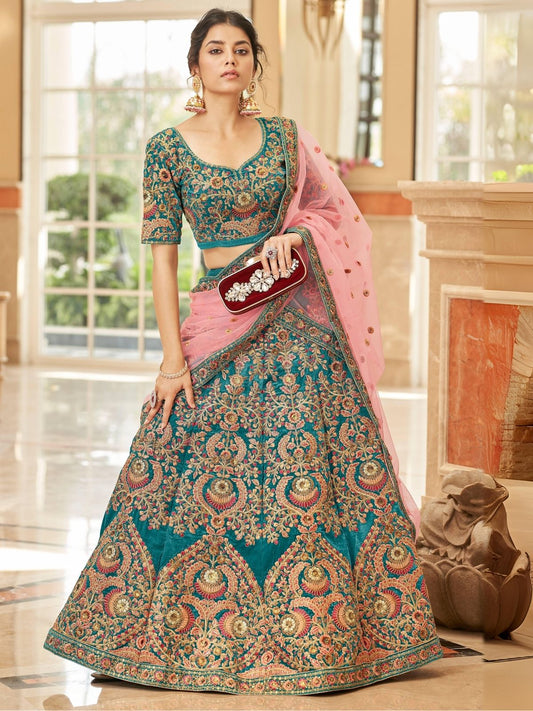 Odette Teal Velvet Embroidered Semi Stitched Lehenga With Blouse For Women