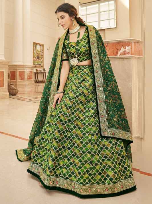 Odette Green Art Silk Embroidered Semi Stitched Lehenga With Blouse For Women