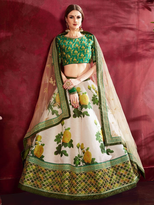 Odette Green Silk Blend Printed Semi Stitched Lehenga With Blouse For Women