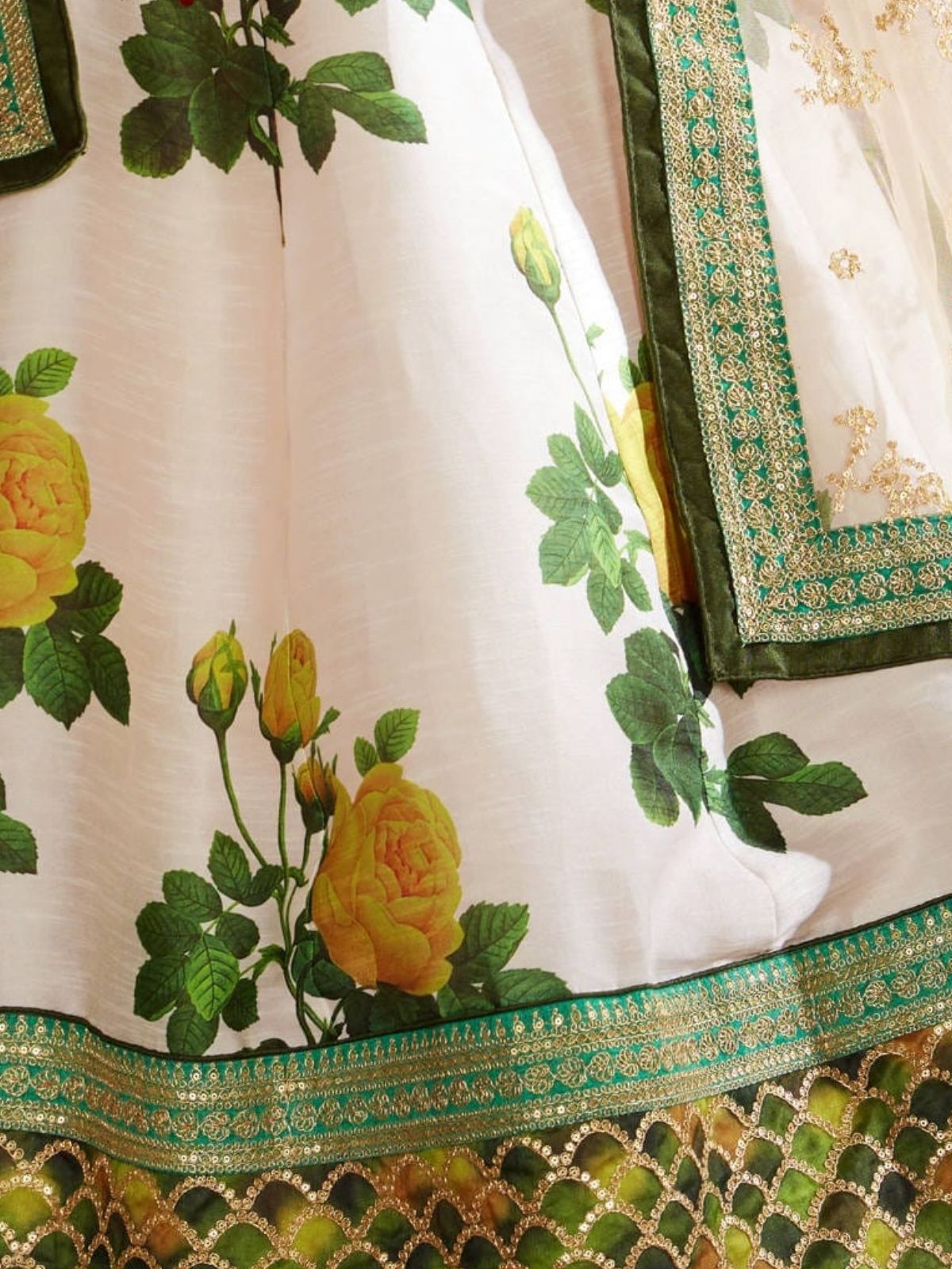 Odette Green Silk Blend Printed Semi Stitched Lehenga With Blouse For Women