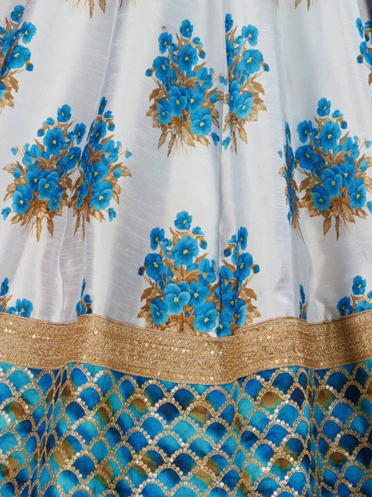 Odette Blue Silk Blend Printed Semi Stitched Lehenga With Blouse For Women