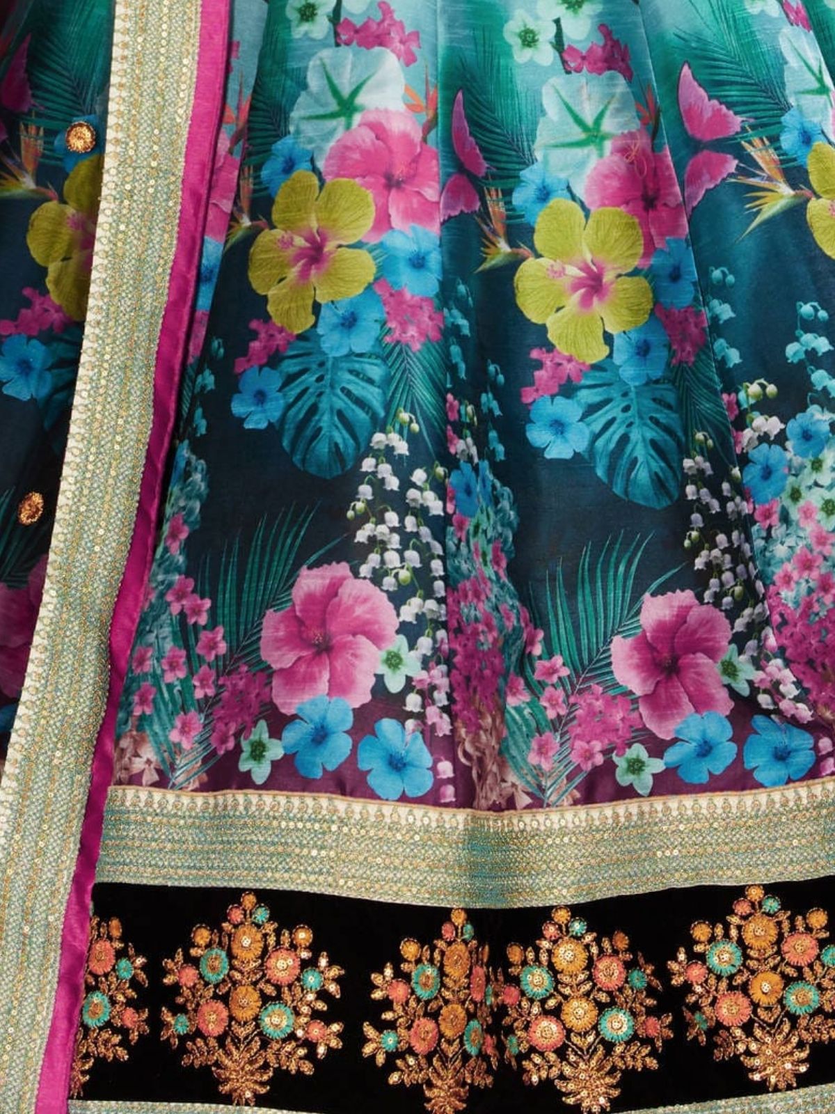 Odette Multicolor Silk Blend Printed Semi Stitched Lehenga With Blouse For Women