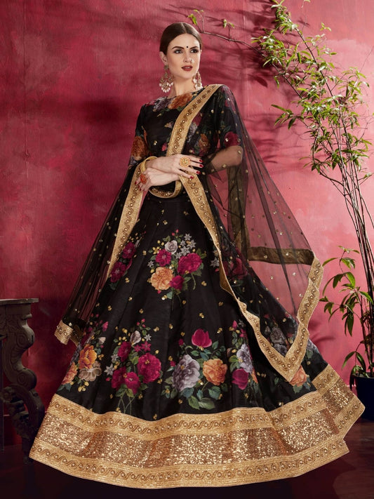 Odette Black Silk Blend Printed Semi Stitched Lehenga With Blouse For Women