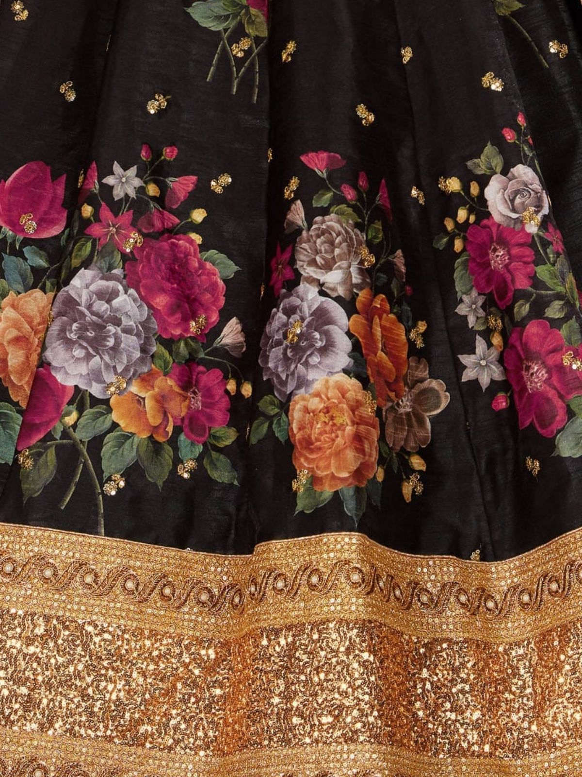 Odette Black Silk Blend Printed Semi Stitched Lehenga With Blouse For Women