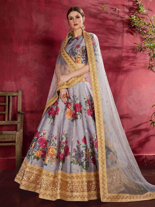 Odette Grey Silk Blend Printed Semi Stitched Lehenga With Blouse For Women