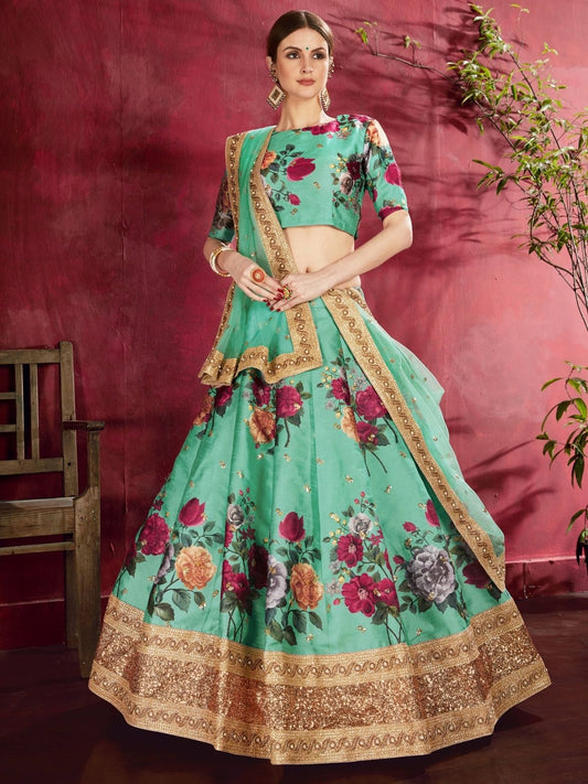 Odette Green Silk Blend Printed Semi Stitched Lehenga With Blouse For Women