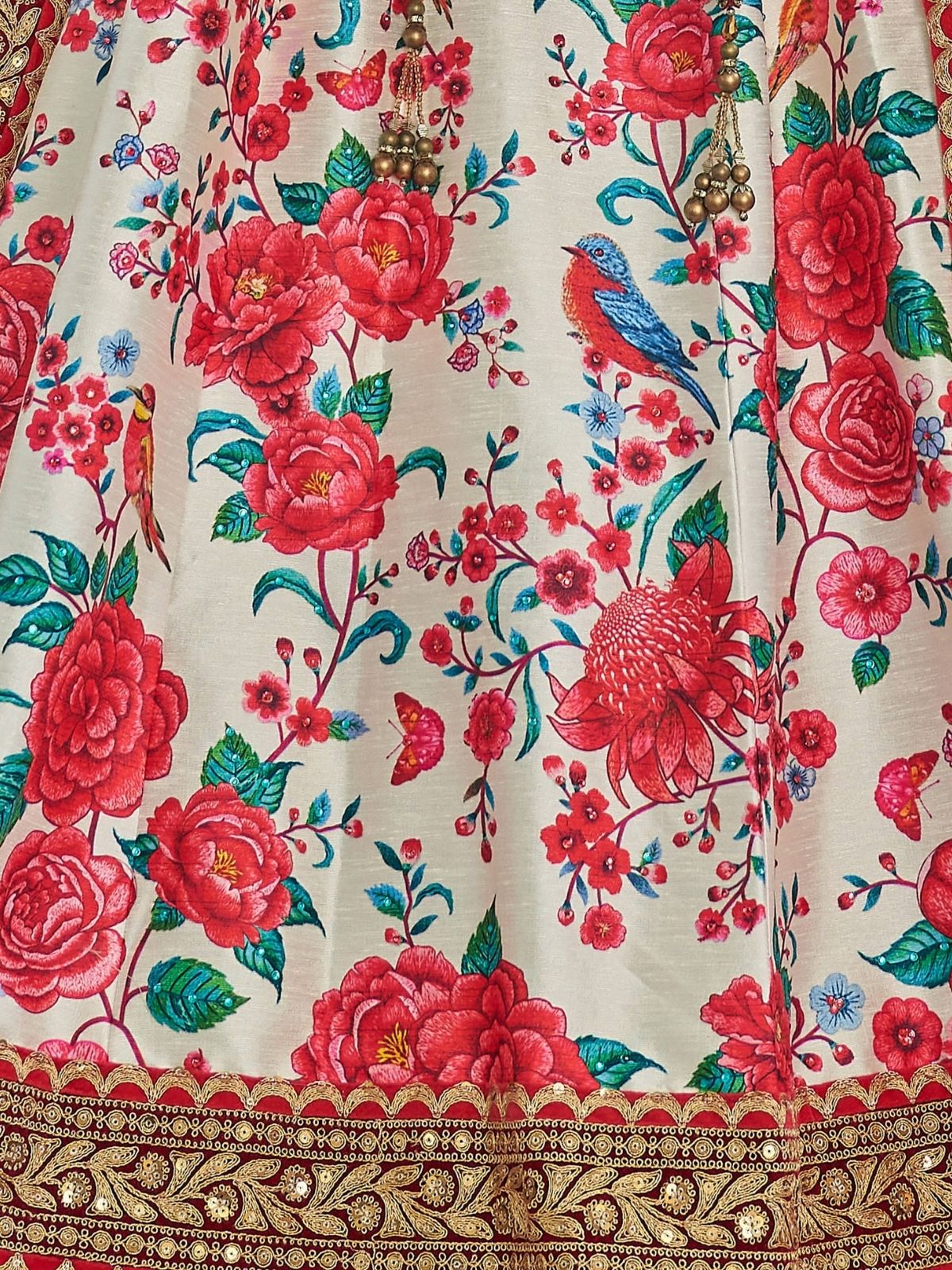 Odette White And Red Art Silk Printed Semi Stitched Lehenga With Unstitched Blouse For Women