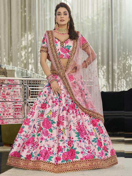Odette Light Pink Art Silk Printed Semi Stitched Lehenga With Unstitched Blouse For Women