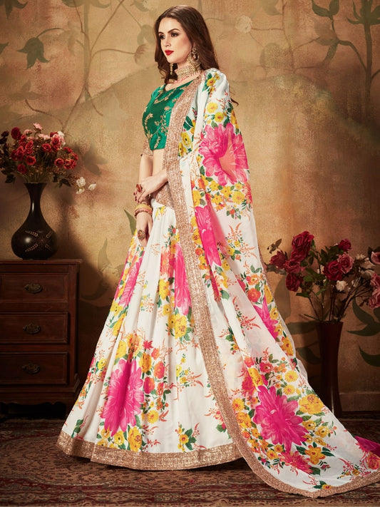 Odette White Organza Printed Semi Stitched Lehenga With Unstitched Blouse For Women