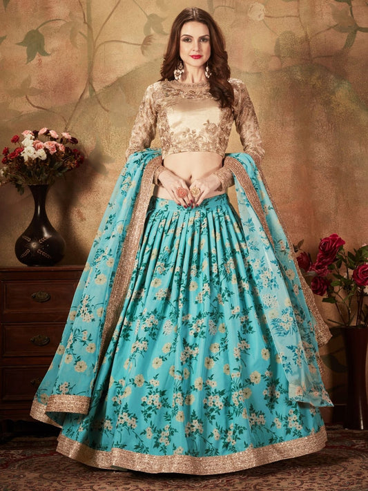 Odette Blue Organza Printed Semi Stitched Lehenga With Unstitched Blouse For Women