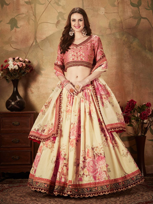 Odette Beige Organza Printed Semi Stitched Lehenga With Unstitched Blouse For Women