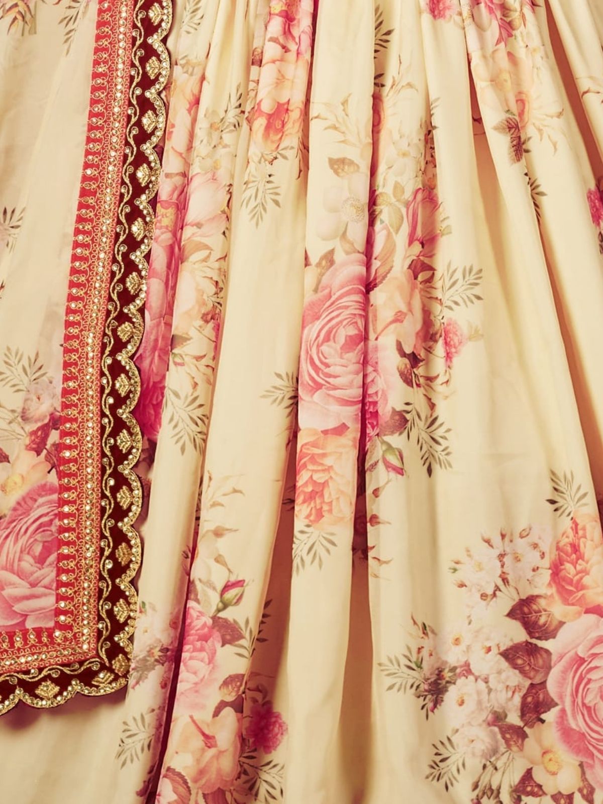 Odette Beige Organza Printed Semi Stitched Lehenga With Unstitched Blouse For Women