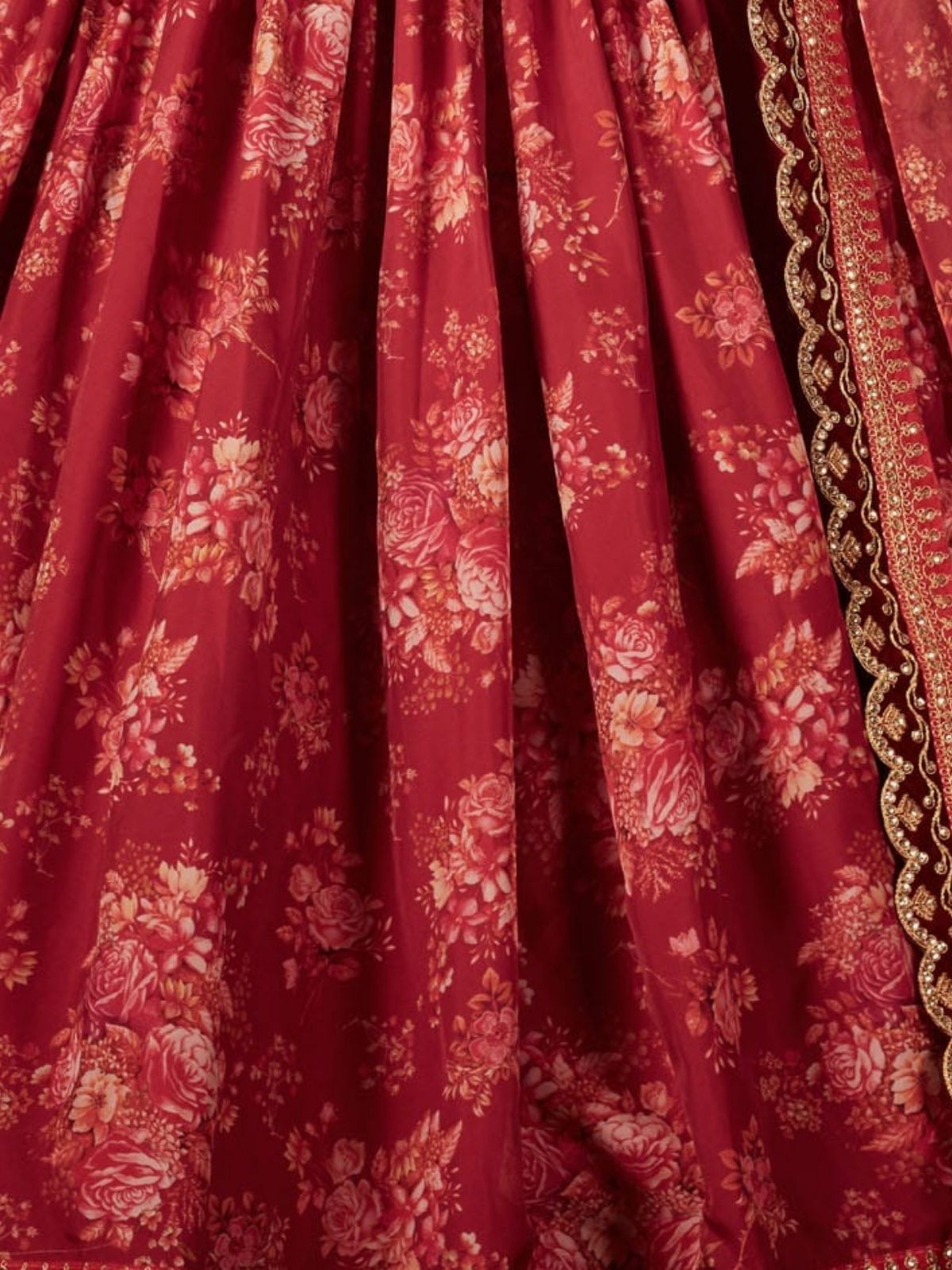 Odette Maroon Organza Printed Semi Stitched Lehenga With Unstitched Blouse For Women