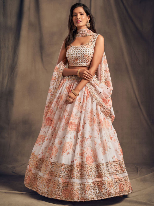 Odette White Organza Printed Semi Stitched Lehenga With Unstitched Blouse For Women