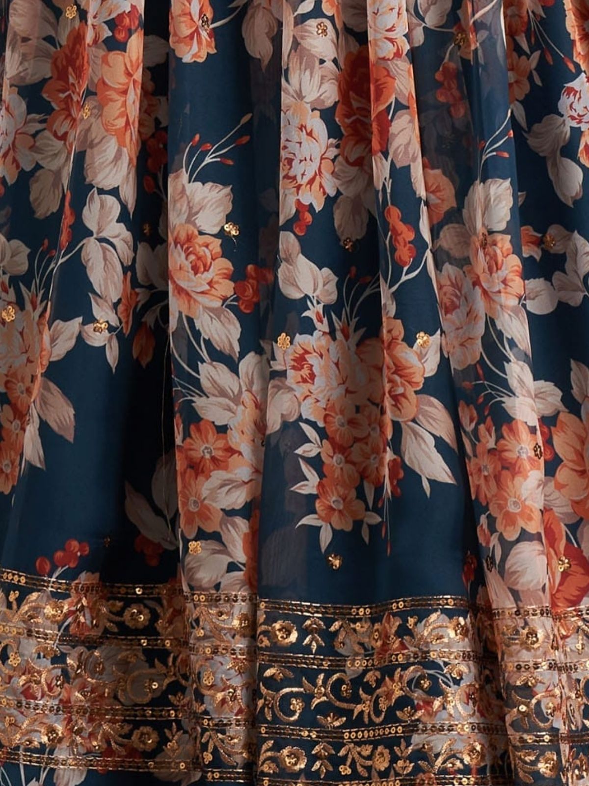 Odette Blue Organza Printed Semi Stitched Lehenga With Unstitched Blouse For Women