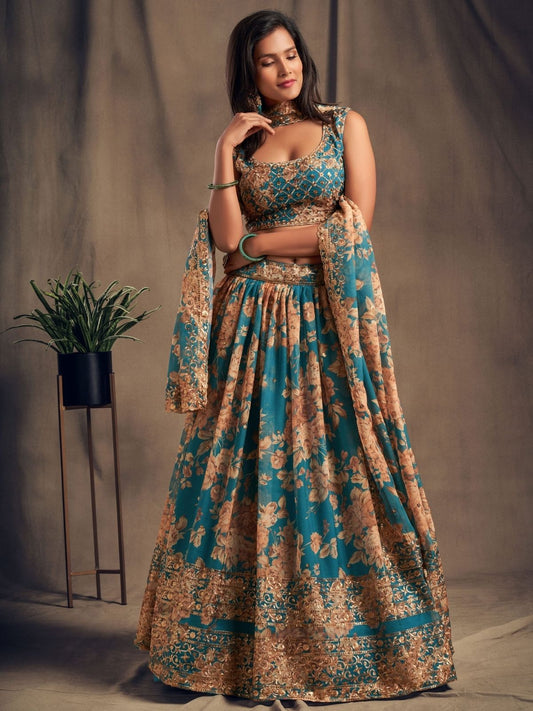 Odette Teal Organza Printed Semi Stitched Lehenga With Unstitched Blouse For Women