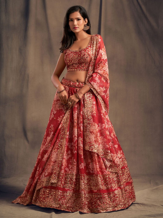 Odette Red Organza Printed Semi Stitched Lehenga With Unstitched Blouse For Women