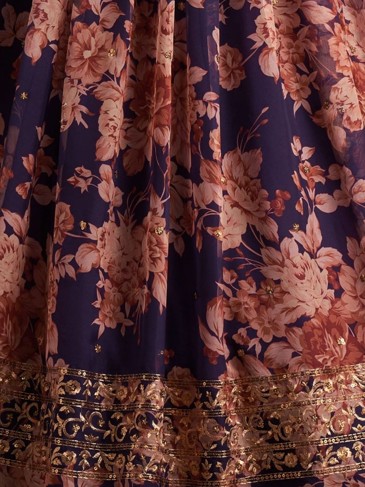 Odette Purple Organza Printed Semi Stitched Lehenga With Unstitched Blouse For Women