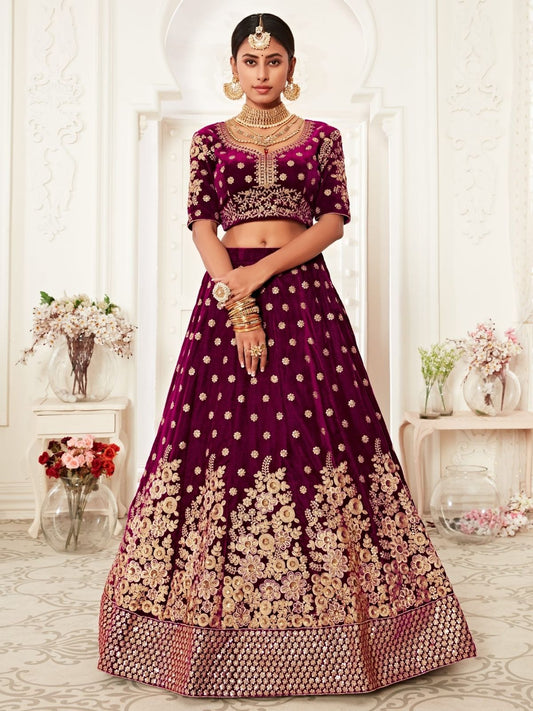 Odette Purple Velvet Embroidered Semi Stitched Lehenga With Unstitched Blouse For Women