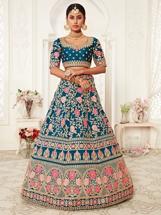 Odette Teal Silk Blend Embroidered Semi Stitched Lehenga With Unstitched Blouse For Women