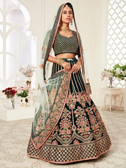 Odette Green Velvet Embroidered Semi Stitched Lehenga With Unstitched Blouse For Women