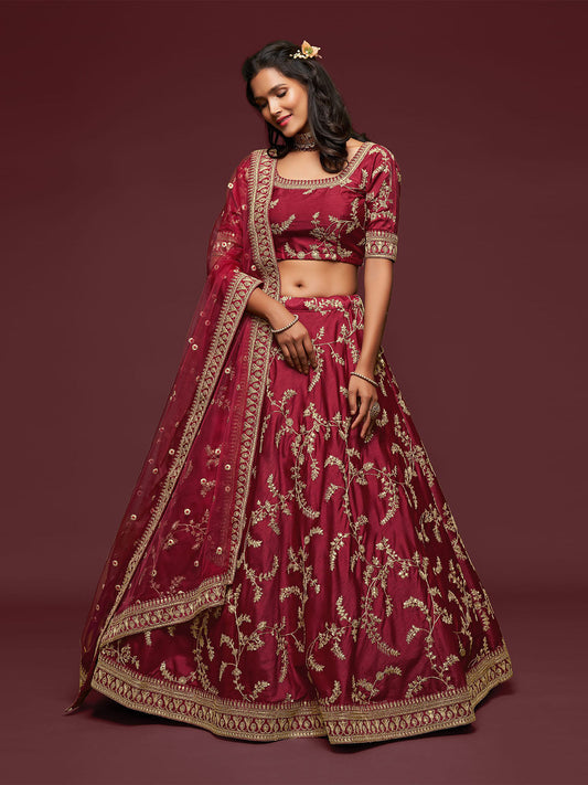 Odette Maroon Art Silk Embroidered Semi Stitched Lehenga With Unstitched Blouse For Women