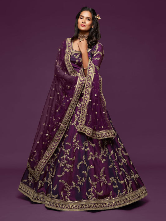 Odette Purple Art Silk Embroidered Semi Stitched Lehenga With Unstitched Blouse For Women
