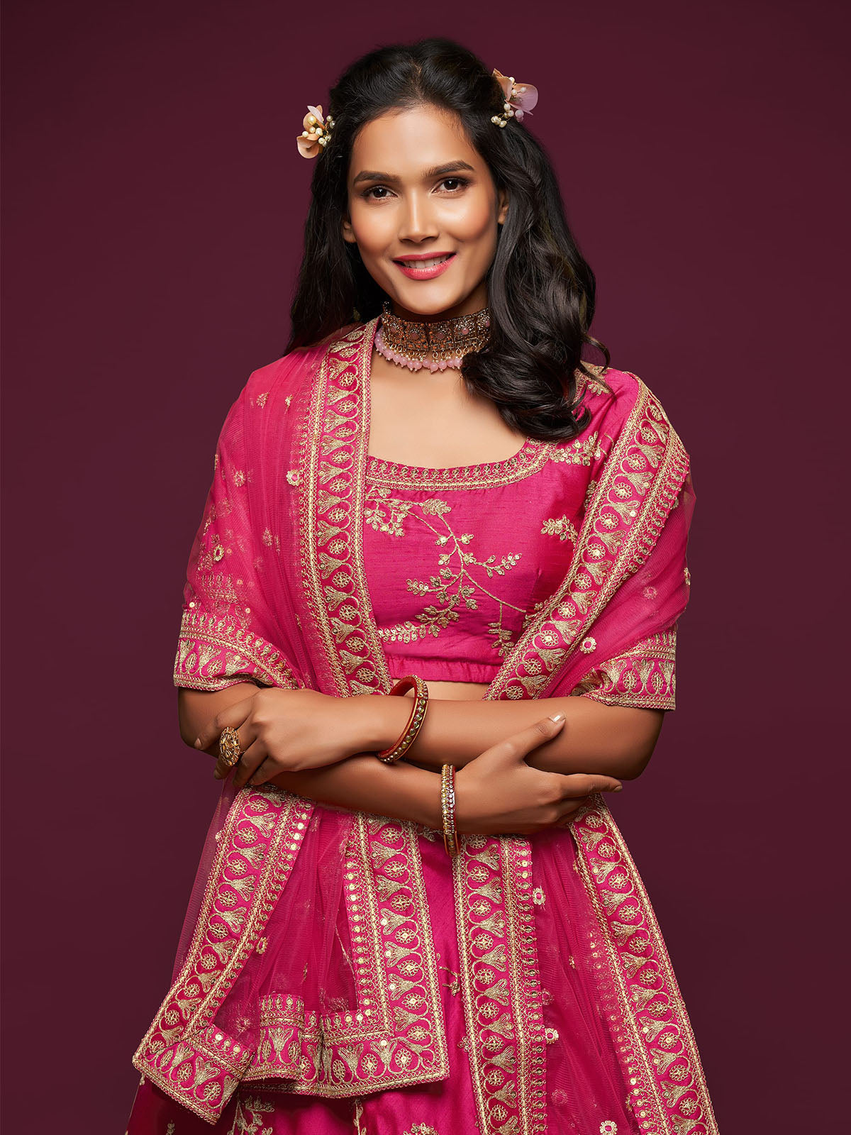 Odette Pink Art Silk Embroidered Semi Stitched Lehenga With Unstitched Blouse For Women