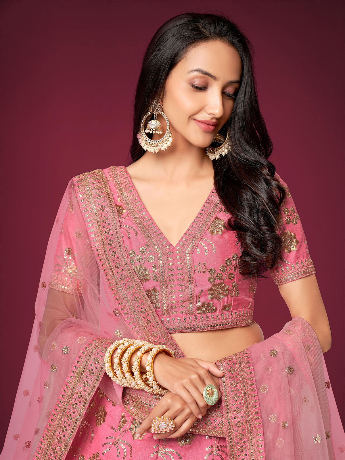 Odette Light Pink Silk Blend Embroidered Semi Stitched Lehenga With Unstitched Blouse For Women