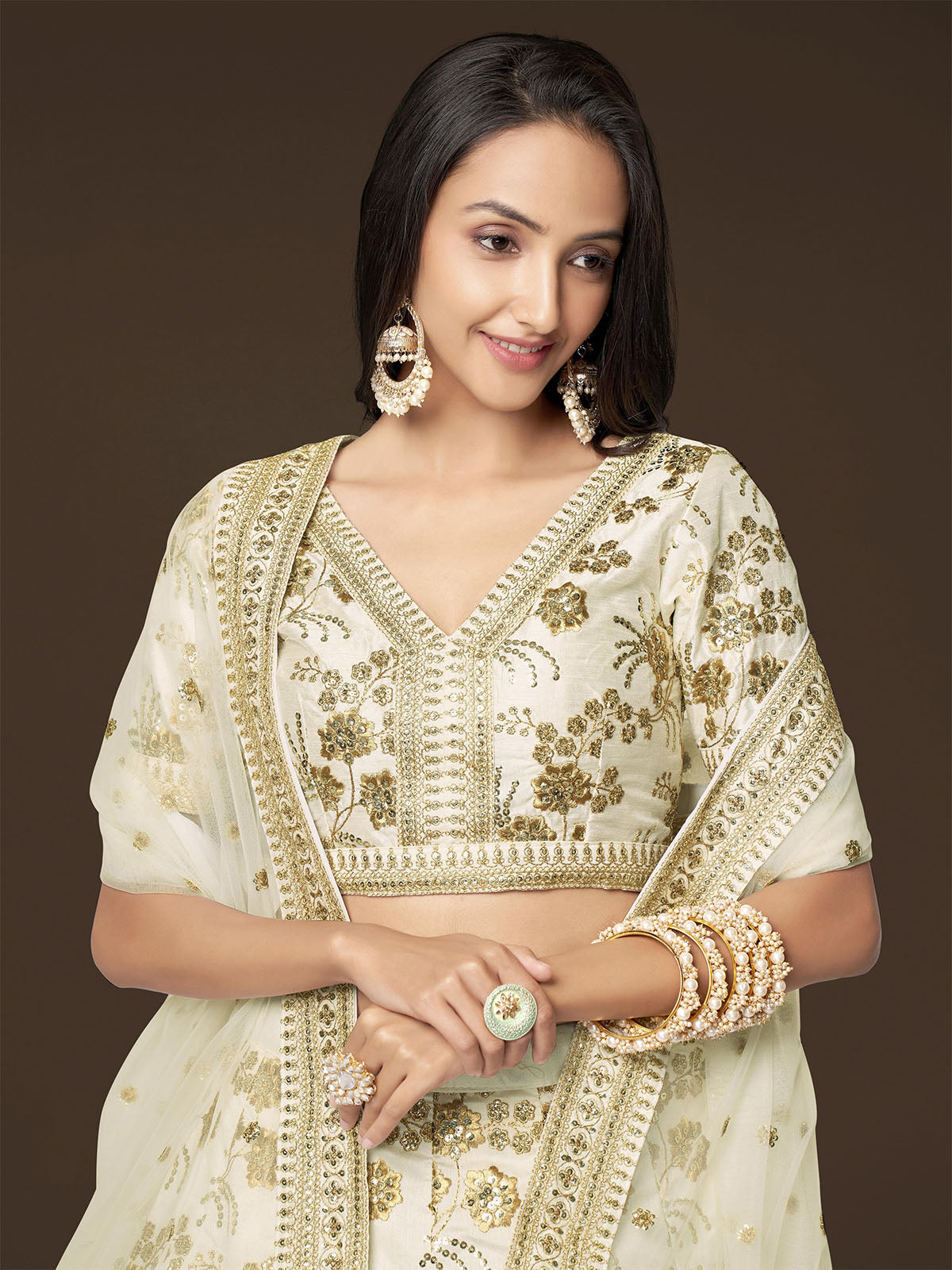 Odette Off White Silk Blend Embroidered Semi Stitched Lehenga With Unstitched Blouse For Women