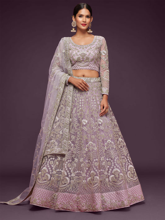 Odette Lavender Soft Net Embellished Semi Stitched Lehenga With Unstitched Blouse For Women