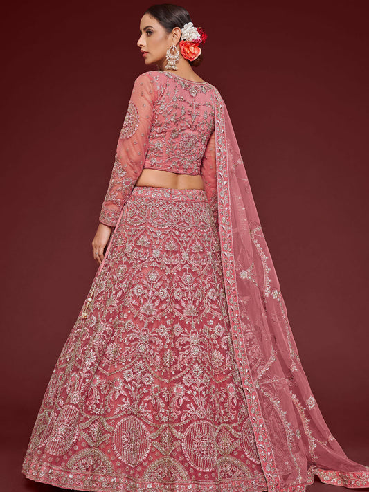 Odette Pink Soft Net Embellished Semi Stitched Lehenga With Unstitched Blouse For Women
