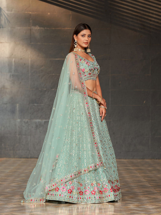 Odette Light Blue Georgette Embroidered Semi Stitched Lehenga With Unstitched Blouse For Women