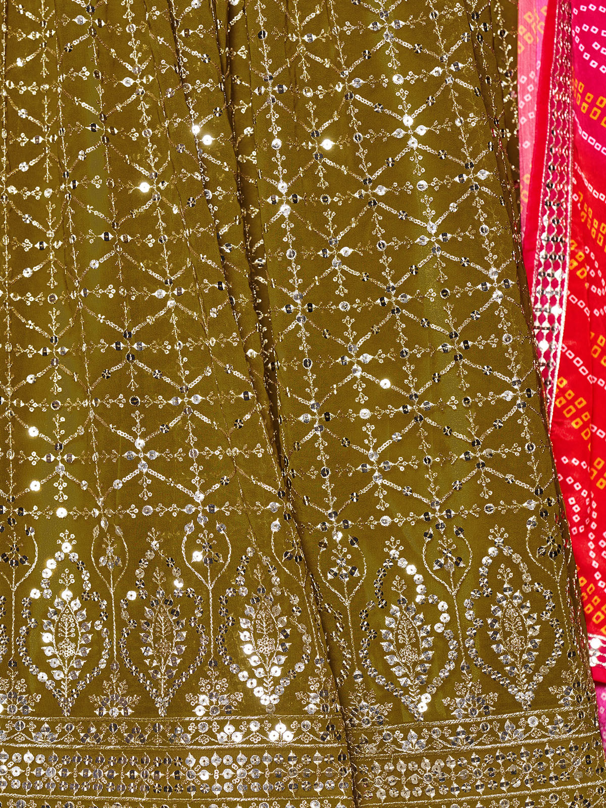 Odette Olive Georgette Embellished Semi Stitched Lehenga With Unstitched Blouse For Women