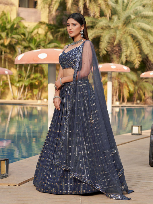 Odette Grey Georgette Embellished Semi Stitched Lehenga With Unstitched Blouse For Women